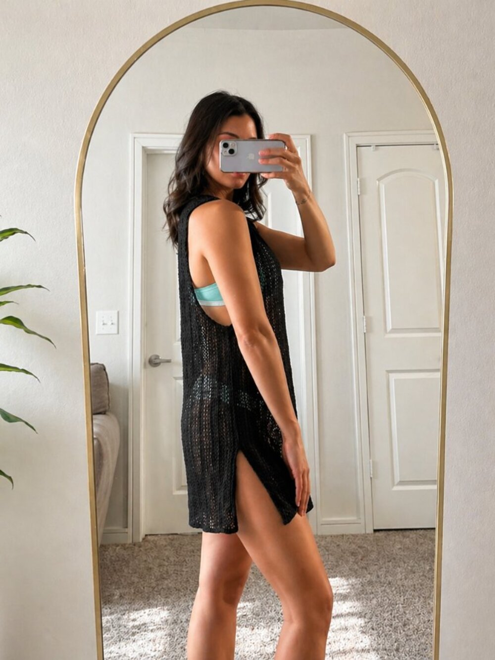 Black Crochet Beach Cover Up Dress | Sheer Swim Cover | Side Slit | Size M